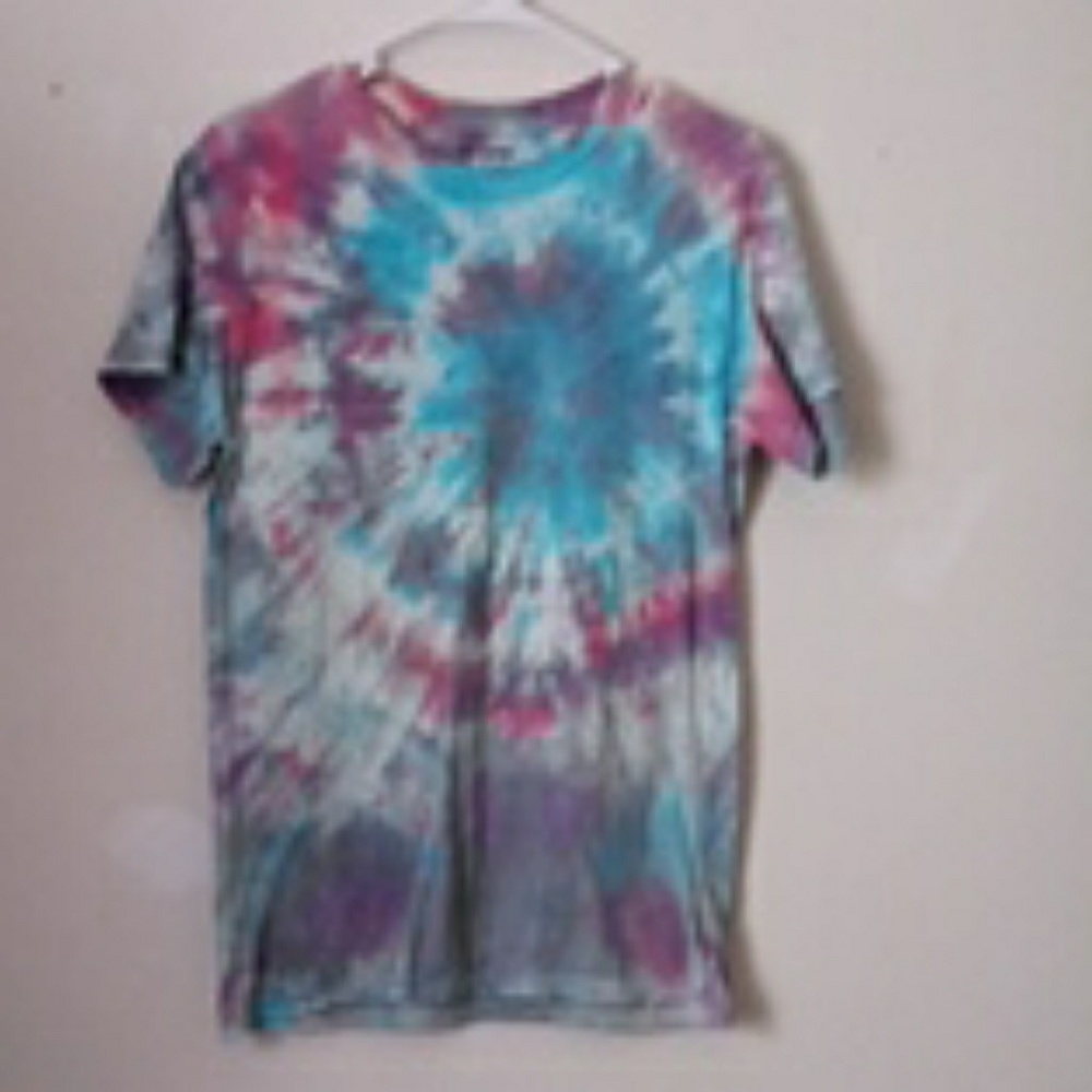 A red, blue, and purple tie dye t-shirt